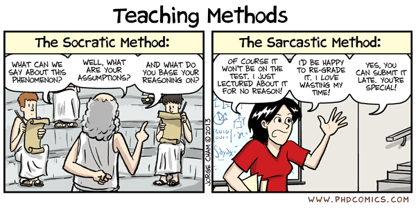 On the left panel, The Socratic Method: What can we say about this phenomenon? Well, what are your assumptions? And what do you base your reasoning on? On the right panel: The Sarcastic Method: Of course it won't be on the test. I just lectured about it for no reason! I'd be happy to re-grade it. I love wasting my time! Yes, you can submit it late. You're special!