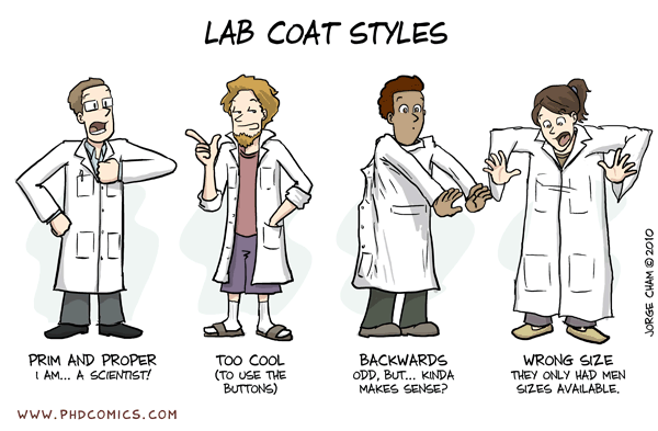 Why to wear a labcoat (cartoon) › Stripped Science